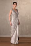 Buy_Onaya_Gray Satin Embroidery, Sequins, Stones V-neck, Off-shoulder Pleated Draped Gown  _Online_at_Aza_Fashions