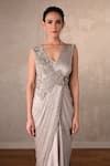 Shop_Onaya_Gray Satin Embroidery, Sequins, Stones V-neck, Off-shoulder Pleated Draped Gown  _Online_at_Aza_Fashions