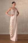 Onaya_Beige Satin Beads, Sequins, Metallic Thread Embellished Corset Drape Gown _Online_at_Aza_Fashions