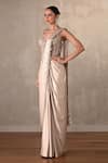 Buy_Onaya_Beige Satin Beads, Sequins, Metallic Thread Embellished Corset Drape Gown _Online_at_Aza_Fashions