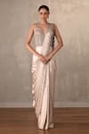 Buy_Onaya_Beige Satin Beads, Sequins, Metallic Thread Embellished Corset Drape Gown _at_Aza_Fashions