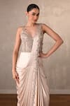 Shop_Onaya_Beige Satin Beads, Sequins, Metallic Thread Embellished Corset Drape Gown _Online_at_Aza_Fashions
