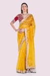 Buy_Onaya_Mustard Organza Lace, Embroidery, Zari V-neck Dabka Saree And Blouse Set _at_Aza_Fashions