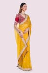 Onaya_Mustard Organza Lace, Embroidery, Zari V-neck Dabka Saree And Blouse Set _Online_at_Aza_Fashions