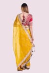 Shop_Onaya_Mustard Organza Lace, Embroidery, Zari V-neck Dabka Saree And Blouse Set _at_Aza_Fashions