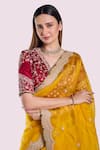 Shop_Onaya_Mustard Organza Lace, Embroidery, Zari V-neck Dabka Saree And Blouse Set _Online_at_Aza_Fashions