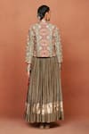 Sue Mue_Gold Silk, Crepe, Tissue Sequins, Bijli Tribal Pattern Jacket Lehenga Set _Online_at_Aza_Fashions