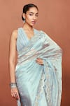 Buy_Sue Mue_Sky Blue Tissue, Silk, Satin Embroidery, Neel Thikri Work Saree And Blouse Set _Online_at_Aza_Fashions