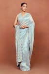 Buy_Sue Mue_Sky Blue Tissue, Silk, Satin Embroidery, Neel Thikri Work Saree And Blouse Set _at_Aza_Fashions