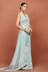 Shop_Sue Mue_Sky Blue Tissue, Silk, Satin Embroidery, Neel Thikri Work Saree And Blouse Set _Online_at_Aza_Fashions