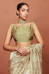 Shop Sue Mue Olive Green Tissue, Silk, Crepe Zari, Roohi Handwoven Saree And Blouse Set Online at Aza Fashions Shop_Sue Mue_Olive Green Tissue, Silk, Crepe Zari, Roohi Handwoven Saree And Blouse Set _Online_at_Aza_Fashions