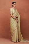 Sue Mue_Beige Georgette, Silk Embroidery, Sequins, Meherun Paisley Saree With Bouse _Online_at_Aza_Fashions