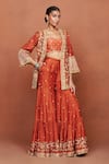 Buy_Sue Mue_Orange Silk, Crepe, Tissue Embroidery, Zari, Zaiba Floral Jacket Gharara Set _at_Aza_Fashions