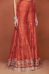Buy_Sue Mue_Orange Silk, Crepe, Tissue Embroidery, Zari, Zaiba Floral Jacket Gharara Set _Online_at_Aza_Fashions