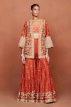 Shop_Sue Mue_Orange Silk, Crepe, Tissue Embroidery, Zari, Zaiba Floral Jacket Gharara Set _Online_at_Aza_Fashions