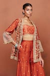 Sue Mue_Orange Silk, Crepe, Tissue Embroidery, Zari, Zaiba Floral Jacket Gharara Set _at_Aza_Fashions