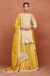Buy_Sue Mue_Mustard Chanderi Silk Embroidery, Pearls, Roshni Thikri Kurta Sharara Set _at_Aza_Fashions