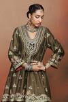 Sue Mue_Olive Green Silk, Crepe, Tissue Applique, Embroidery, Kohra Anarkali Salwar Set _at_Aza_Fashions