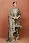 Buy_Sue Mue_Olive Green Silk, Crepe, Tissue Applique, Embroidery, Kohra Anarkali Salwar Set _at_Aza_Fashions