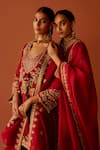 Sue Mue_Red , Organza Applique, Embroidery, Sequins, Zaavia Dori Anarkali Set _Online_at_Aza_Fashions