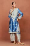 Shop_Sue Mue_Blue Silk, Crepe, Tissue Embroidery, Sequins, Zari, Meera Floral Kurta Set _Online_at_Aza_Fashions