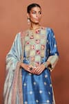 Sue Mue_Blue Silk, Tissue Embroidery, Sequins, Beads Split V-neck Raah Floral Kurta Set _Online_at_Aza_Fashions