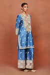 Shop_Sue Mue_Blue Silk, Tissue Embroidery, Sequins, Beads Split V-neck Raah Floral Kurta Set _Online_at_Aza_Fashions
