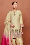 Shop_Sue Mue_Beige , Organza Applique, Raaya Paisley Dori Kurta Salwar Set _Online_at_Aza_Fashions