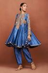 Sue Mue_Blue Chanderi Silk Applique, Embroidery, Rai Tribal Floral Anarkali Salwar Set _Online_at_Aza_Fashions