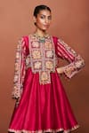 Sue Mue_Red Chanderi Silk Embroidery, Applique, Foil Rai Tribal Anarkali Salwar Set _Online_at_Aza_Fashions
