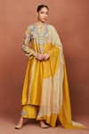 Buy_Sue Mue_Mustard Silk, Embroidery, Applique Nira Floral Kurta Set _at_Aza_Fashions