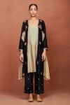 Shop_Sue Mue_Black Chanderi Silk Embroidery, Zari Square Leya Color Block Floral Kurta Set _Online_at_Aza_Fashions