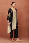 Sue Mue_Black Chanderi Silk Embroidery, Zari Square Leya Color Block Floral Kurta Set _at_Aza_Fashions