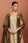 Sue Mue_Olive Green Chanderi Silk Embroidery, Zari Square Leya Colour Block Kurta Set _at_Aza_Fashions