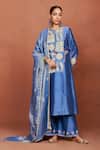 Buy_Sue Mue_Blue Silk, Cotton, Tissue, Oor Tribal Geometric Kurta Set _at_Aza_Fashions