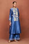 Sue Mue_Blue Silk, Cotton, Tissue, Oor Tribal Geometric Kurta Set _at_Aza_Fashions
