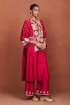 Sue Mue_Red Chanderi , Tissue, Oor Tribal Floral Applique Kurta Set _Online_at_Aza_Fashions