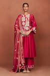 Buy_Sue Mue_Red Chanderi , Tissue, Oor Tribal Floral Applique Kurta Set _at_Aza_Fashions