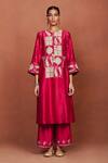 Shop_Sue Mue_Red Chanderi , Tissue, Oor Tribal Floral Applique Kurta Set _Online_at_Aza_Fashions