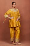 Sue Mue_Mustard Chanderi Silk, Cotton, Tissue Embroidery, Moha Floral Kurta Salwar Set _Online_at_Aza_Fashions