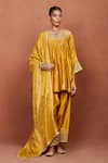 Buy_Sue Mue_Mustard Chanderi Silk, Cotton, Tissue Embroidery, Moha Floral Kurta Salwar Set _at_Aza_Fashions