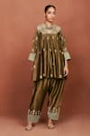 Buy_Sue Mue_Olive Green Chanderi Silk, Tissue, Cotton Moha Floral And Chevron Kurta Set _Online_at_Aza_Fashions