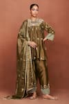 Buy_Sue Mue_Olive Green Chanderi Silk, Tissue, Cotton Moha Floral And Chevron Kurta Set _at_Aza_Fashions