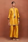 Sue Mue_Mustard Chanderi Silk, Tissue, Cotton Embroidery, Zoa Floral Kurta Set _Online_at_Aza_Fashions