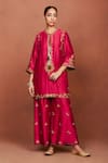 Sue Mue_Red Chanderi Silk, Tissue, Cotton Zoa Deep Handwoven Floral Kurta Palazzo Set _Online_at_Aza_Fashions