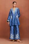 Sue Mue_Blue Chanderi Silk, Handloom Cotton, Tissue Embroidery, Azi Floral Kurta Set _Online_at_Aza_Fashions