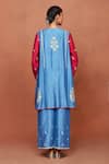 Shop_Sue Mue_Blue Silk Embroidery, Sequins, Kai Color Block Floral Motif Tunic And Pant Set _at_Aza_Fashions