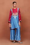 Buy_Sue Mue_Blue Silk Embroidery, Sequins, Kai Color Block Floral Motif Tunic And Pant Set _at_Aza_Fashions