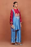 Buy_Sue Mue_Blue Silk Embroidery, Sequins, Kai Color Block Floral Motif Tunic And Pant Set _Online_at_Aza_Fashions