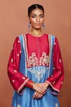 Shop_Sue Mue_Blue Silk Embroidery, Sequins, Kai Color Block Floral Motif Tunic And Pant Set _Online_at_Aza_Fashions